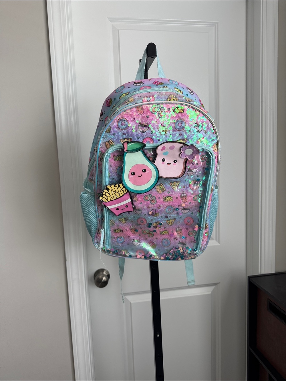 Kids Iridescent Sequin Light Blue Backpack with Cute Food Patches